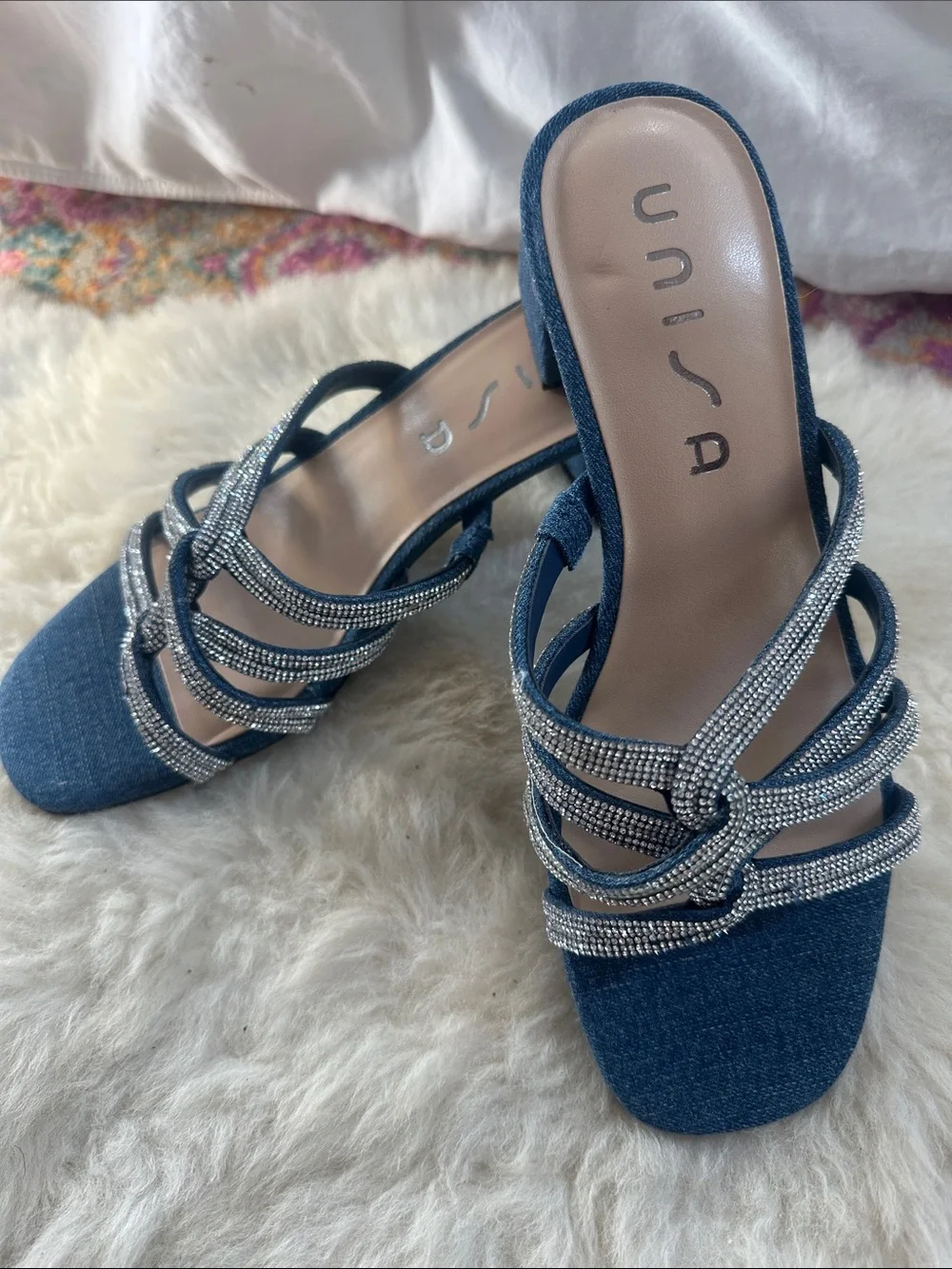 Unisa Denim Rhinestone Sandals Womens 7 Blue Block Heel Open Toe New
